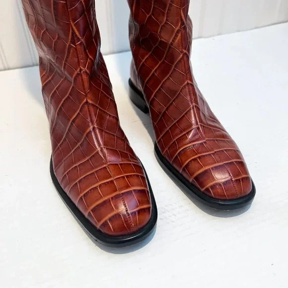 RARE Brock Collection Croc-Effect Cognac Leather Western Designer Riding Boots - Picture 4 of 12